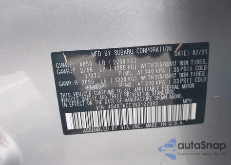 2022 Subaru Outback Premium z USA, uszkodzony, nr VIN 4S4BTACC1N3127093